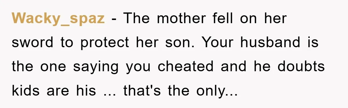 Wacky_spaz - The mother fell on her sword to protect her son. Your husband is the one saying you cheated and he doubts kids are his ... that's the only...