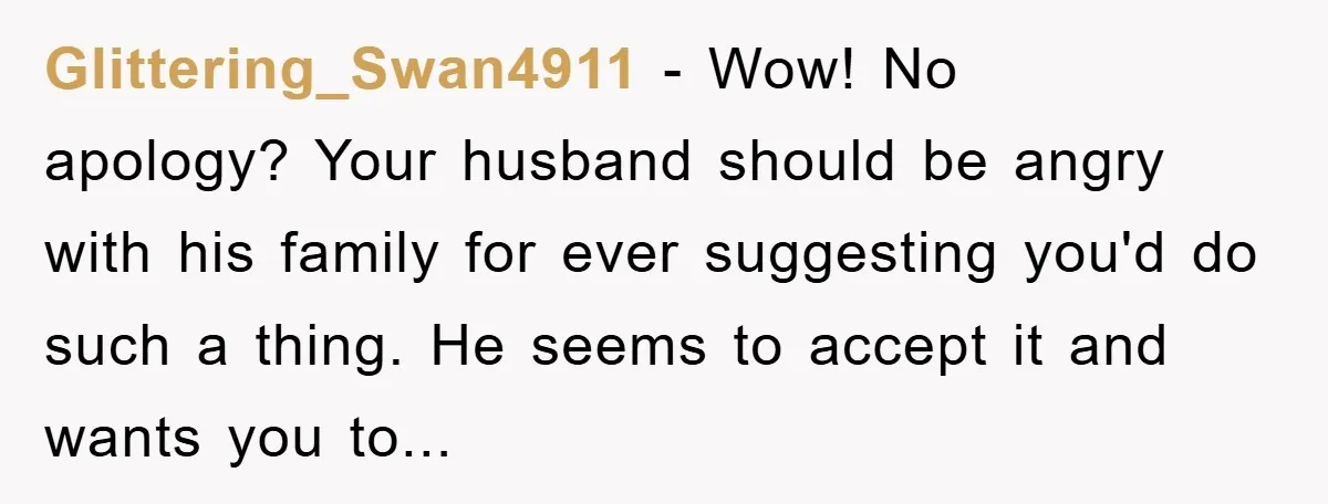 Glittering_Swan4911 - Wow! No apology? Your husband should be angry with his family for ever suggesting you'd do such a thing. He seems to accept it and wants you to...