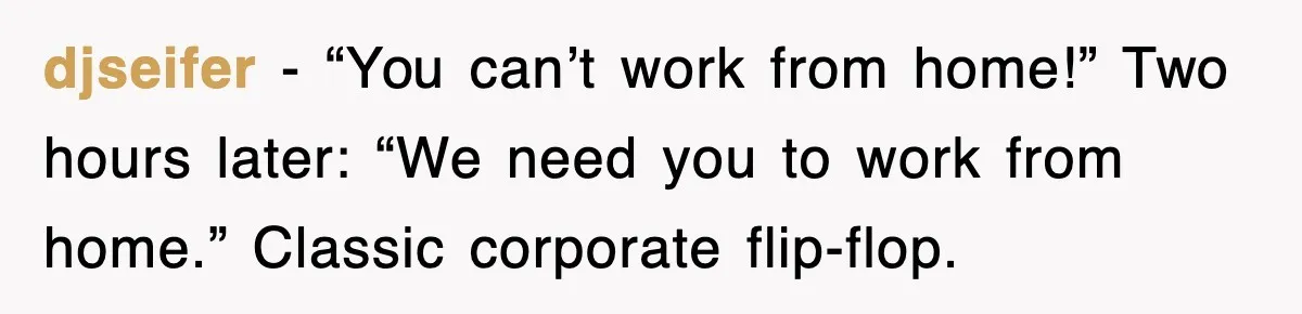 djseifer − “You can’t work from home!” Two hours later: “We need you to work from home.” Classic corporate flip-flop.