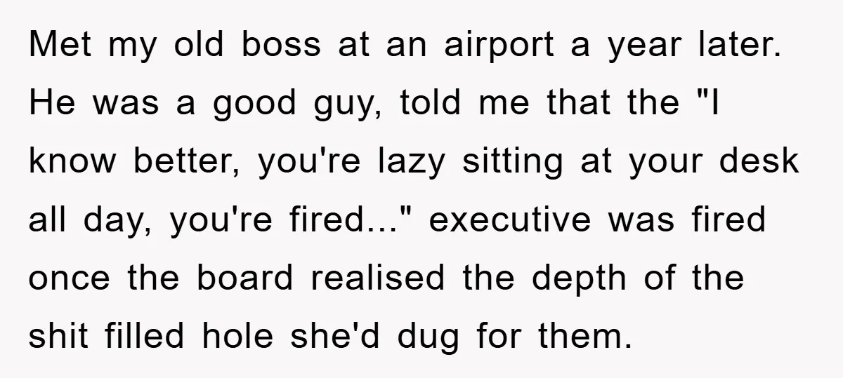 Met my old boss at an airport a year later. He was a good guy, told me that the "I know better, you're lazy sitting at your desk all day,...