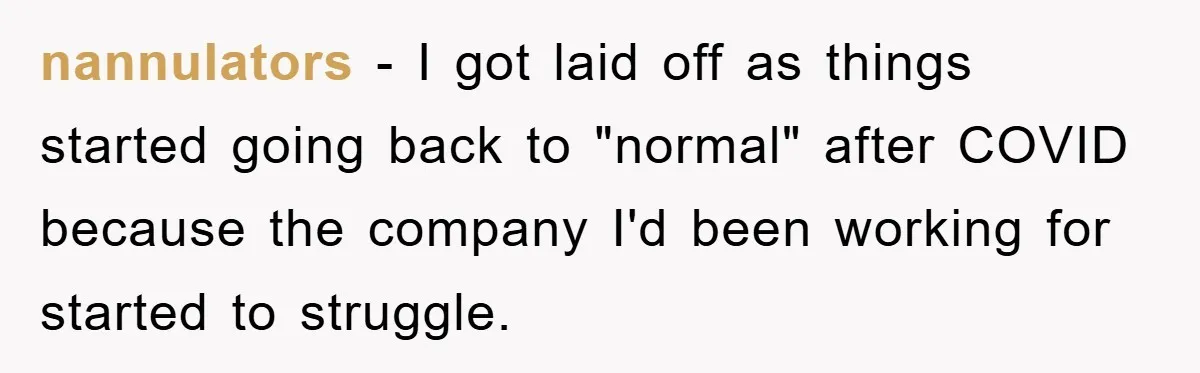 nannulators - I got laid off as things started going back to "normal" after COVID because the company I'd been working for started to struggle.