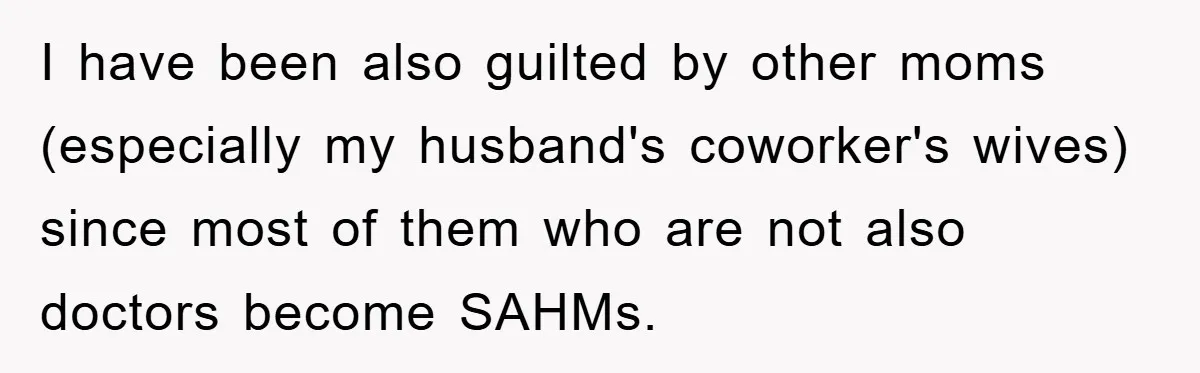 I have been also guilted by other moms (especially my husband's coworker's wives) since most of them who are not also doctors become SAHMs.