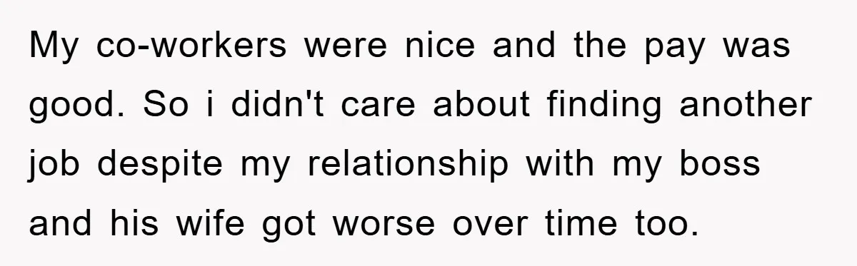 My co-workers were nice and the pay was good. So i didn't care about finding another job despite my relationship with my boss and his wife got worse over time...