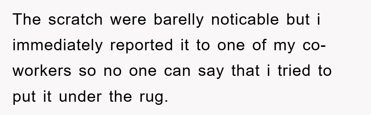 The scratch were barelly noticable but i immediately reported it to one of my co-workers so no one can say that i tried to put it under the rug.