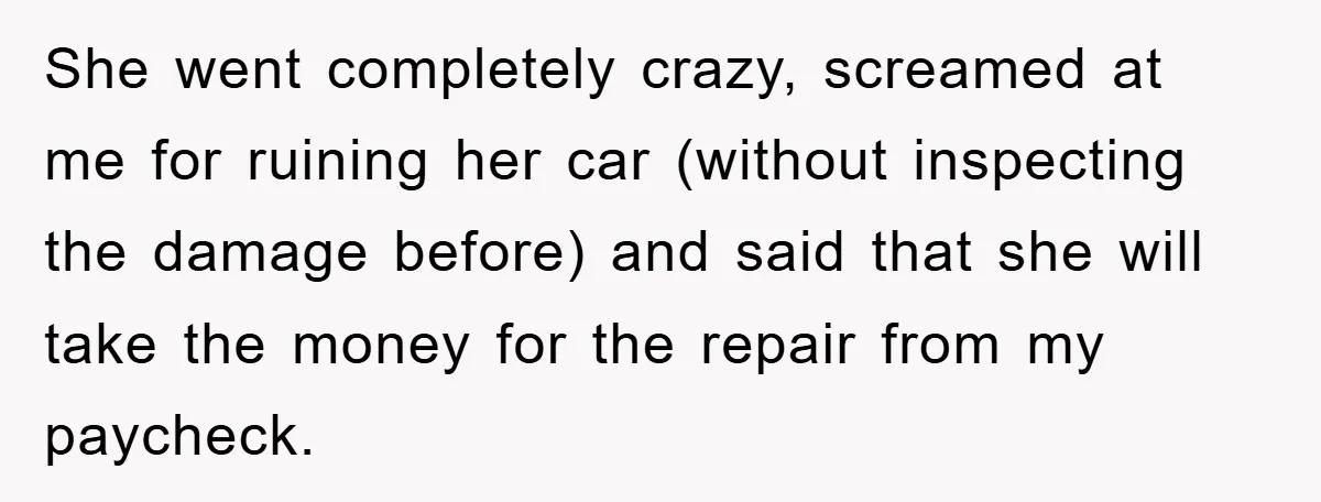 She went completely crazy, screamed at me for ruining her car (without inspecting the damage before) and said that she will take the money for the repair from my paycheck.