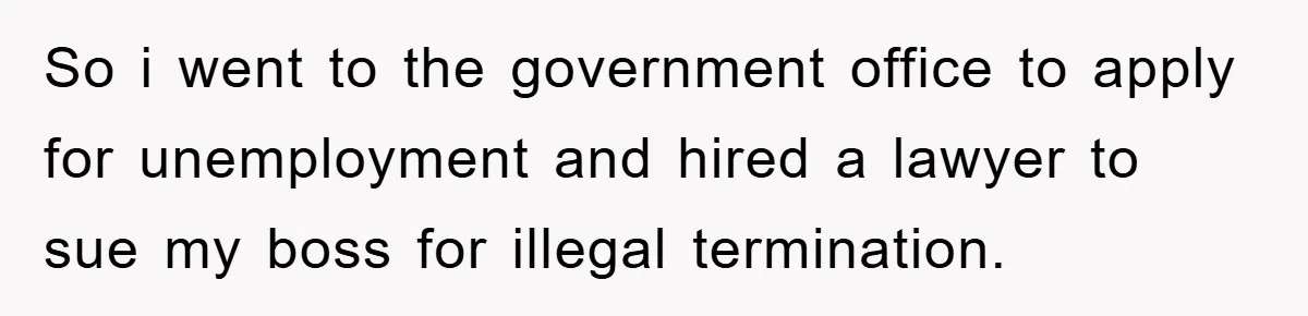 So i went to the government office to apply for unemployment and hired a lawyer to sue my boss for illegal termination.