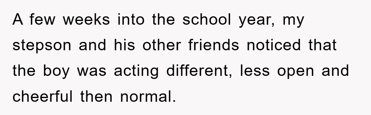 A few weeks into the school year, my stepson and his other friends noticed that the boy was acting different, less open and cheerful then normal.