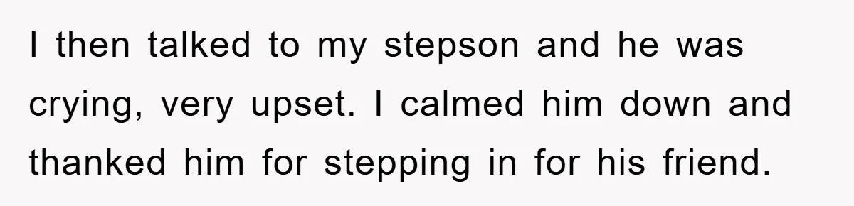 I then talked to my stepson and he was crying, very upset. I calmed him down and thanked him for stepping in for his friend.