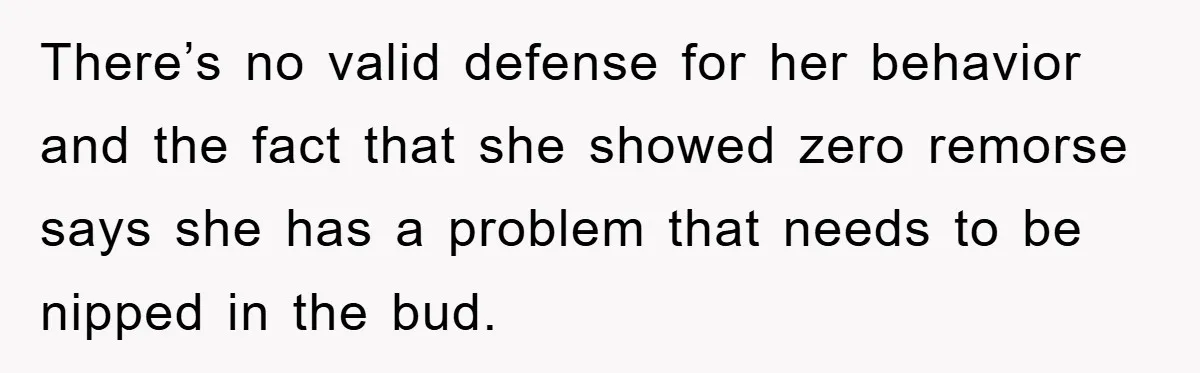 There’s no valid defense for her behavior and the fact that she showed zero remorse says she has a problem that needs to be nipped in the bud.