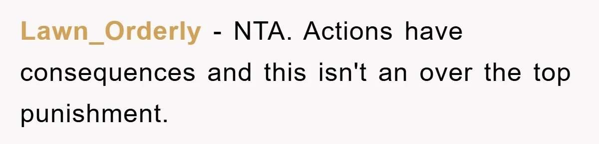 Lawn_Orderly - NTA. Actions have consequences and this isn't an over the top punishment.