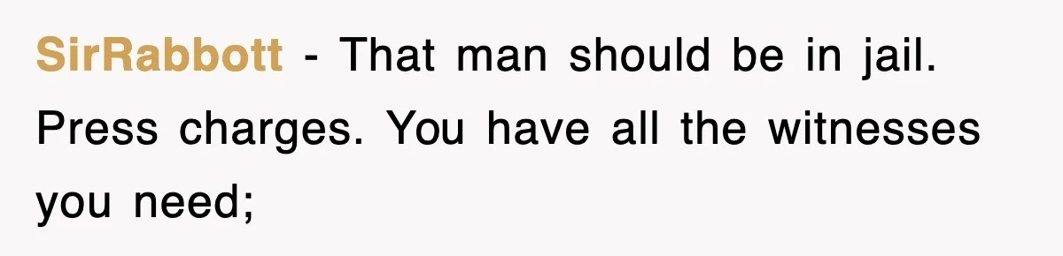 SirRabbott − That man should be in jail. Press charges. You have all the witnesses you need;