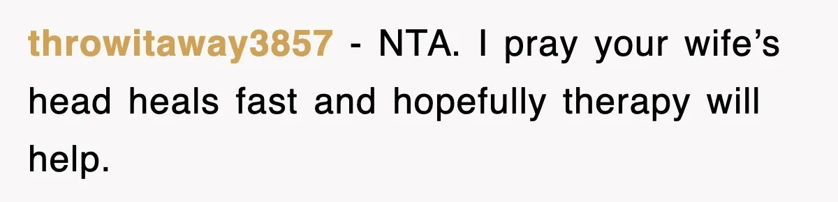 throwitaway3857 − NTA. I pray your wife’s head heals fast and hopefully therapy will help.