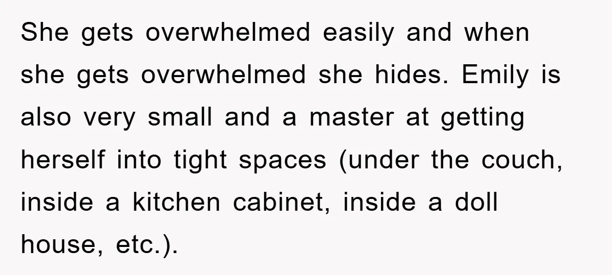 Family Threatens to Ban Mom From Future Holidays Over a Special Needs Tent She gets overwhelmed easily and when she gets overwhelmed she hides. Emily is also very small and a master at getting herself into tight spaces (under the couch, inside a...