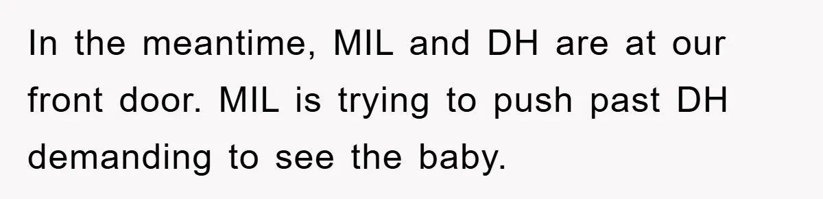 In the meantime, MIL and DH are at our front door. MIL is trying to push past DH demanding to see the baby.