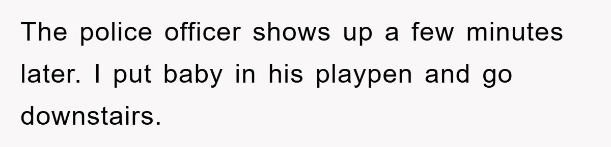 The police officer shows up a few minutes later. I put baby in his playpen and go downstairs.