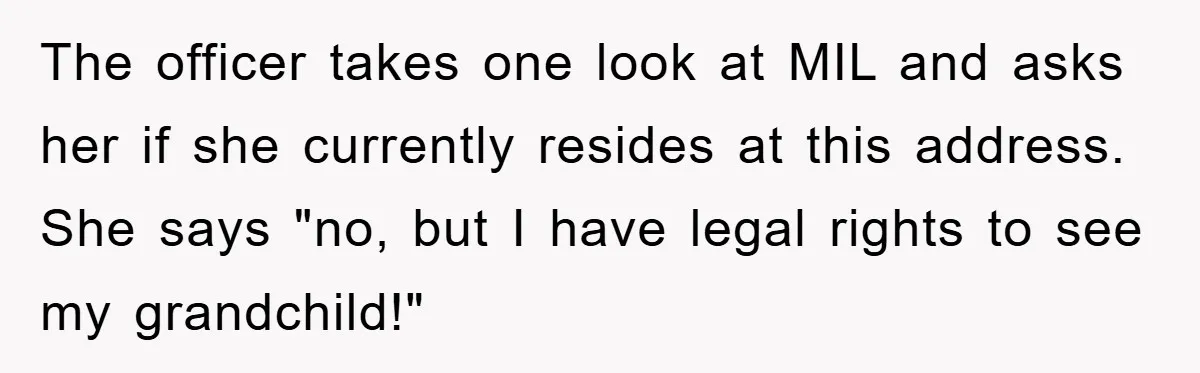 The officer takes one look at MIL and asks her if she currently resides at this address. She says "no, but I have legal rights to see my grandchild!"