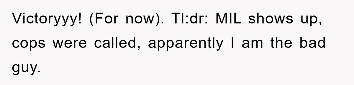 Victoryyy! (For now). Tl:dr: MIL shows up, cops were called, apparently I am the bad guy.