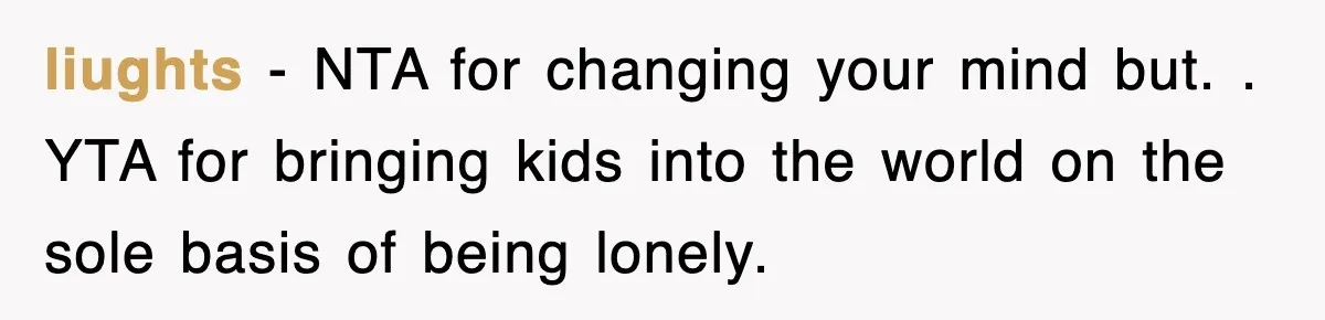 Ex-Husband Furious After Discovering His Child-Free Ex Now Gets Pregnant liughts − NTA for changing your mind but. . YTA for bringing kids into the world on the sole basis of being lonely.