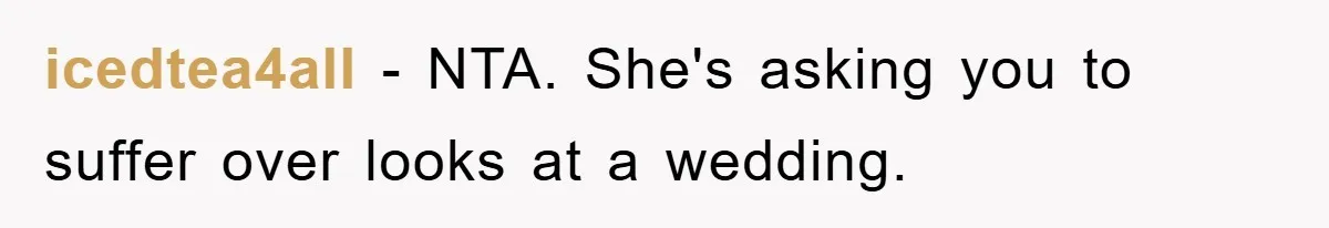 icedtea4all − NTA. She's asking you to suffer over looks at a wedding.