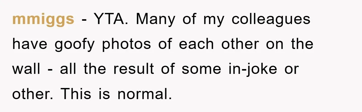 mmiggs − YTA. Many of my colleagues have goofy photos of each other on the wall - all the result of some in-joke or other. This is normal.