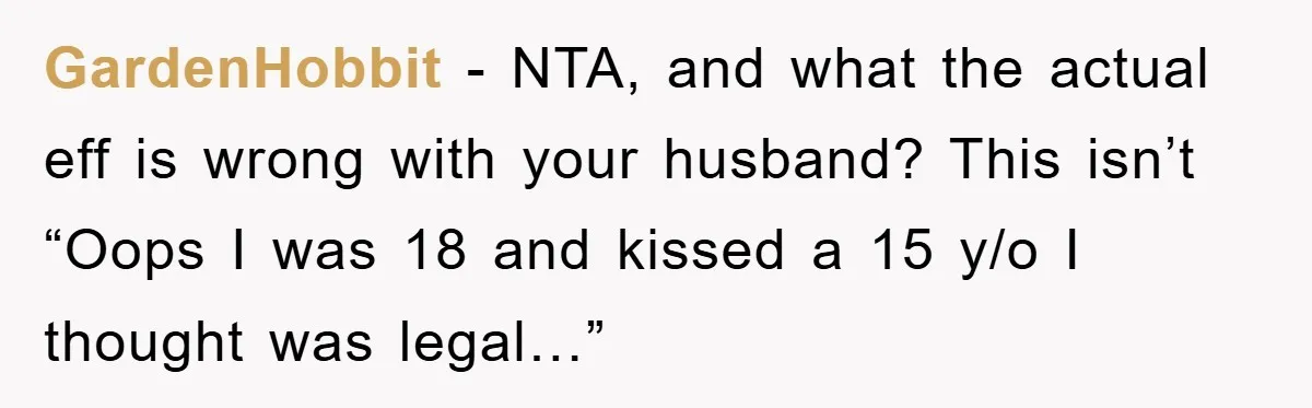 GardenHobbit − NTA, and what the actual eff is wrong with your husband? This isn’t “Oops I was 18 and kissed a 15 y/o I thought was legal…”