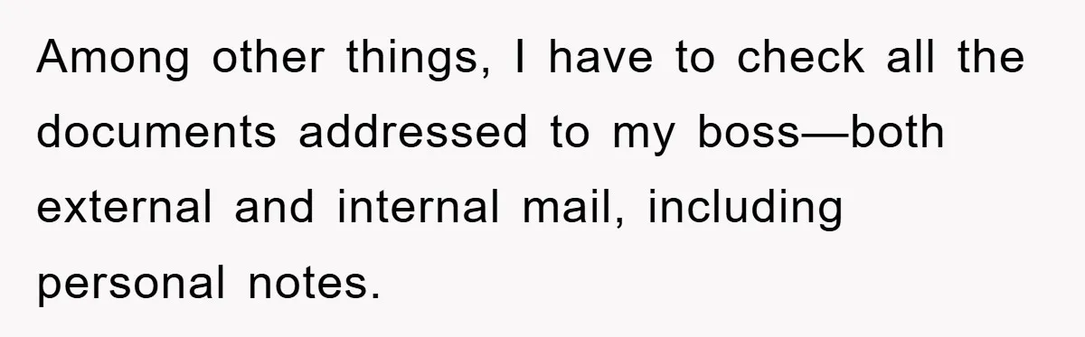 Among other things, I have to check all the documents addressed to my boss—both external and internal mail, including personal notes.