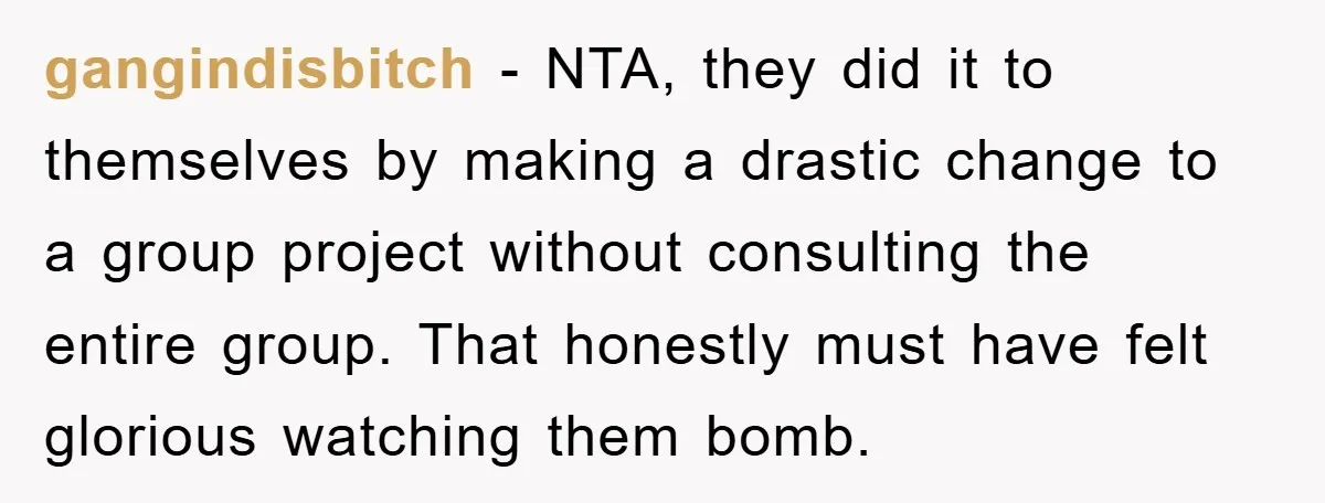 This Student Got Perfect Revenge on Lazy Classmates by Simply Letting Them Present gangindisbitch − NTA, they did it to themselves by making a drastic change to a group project without consulting the entire group. That honestly must have felt glorious watching them...