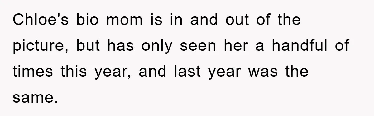 Chloe's bio mom is in and out of the picture, but has only seen her a handful of times this year, and last year was the same.