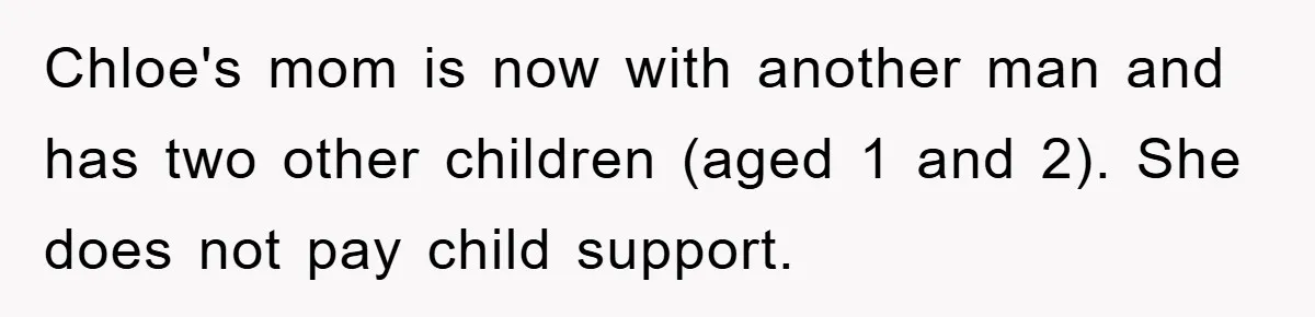 Chloe's mom is now with another man and has two other children (aged 1 and 2). She does not pay child support.
