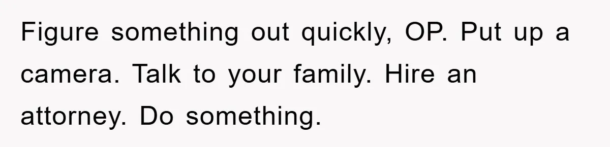 Figure something out quickly, OP. Put up a camera. Talk to your family. Hire an attorney. Do something.