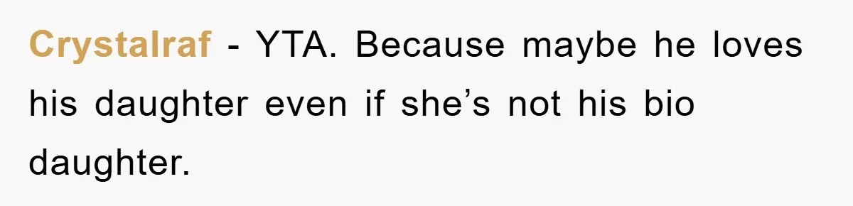 Crystalraf − YTA. Because maybe he loves his daughter even if she’s not his bio daughter.