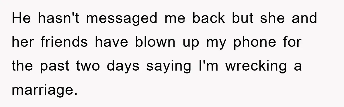 Man Unknowingly Romances Married Woman, Flees And Seeks Her Husband To Reveal Shocking Truth He hasn't messaged me back but she and her friends have blown up my phone for the past two days saying I'm wrecking a marriage.