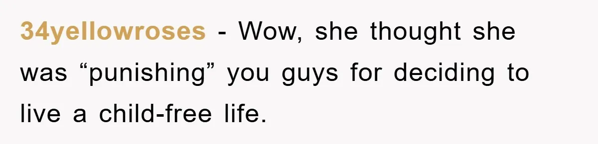 Mother-In-Law Threatens To Cut Couple Out Of Her Will, They Shock Her By Not Caring At All 34yellowroses − Wow, she thought she was “punishing” you guys for deciding to live a child-free life.