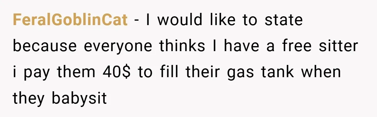 FeralGoblinCat − I would like to state because everyone thinks I have a free sitter i pay them 40$ to fill their gas tank when they babysit