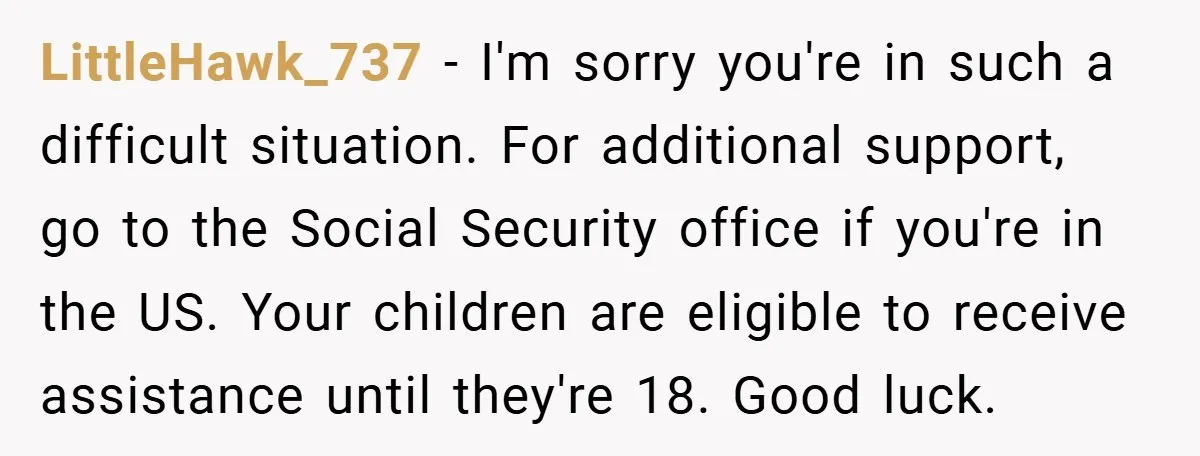 LittleHawk_737 − I'm sorry you're in such a difficult situation. For additional support, go to the Social Security office if you're in the US. Your children are eligible to receive...