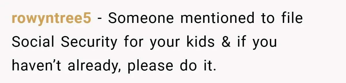 rowyntree5 − Someone mentioned to file Social Security for your kids & if you haven’t already, please do it.