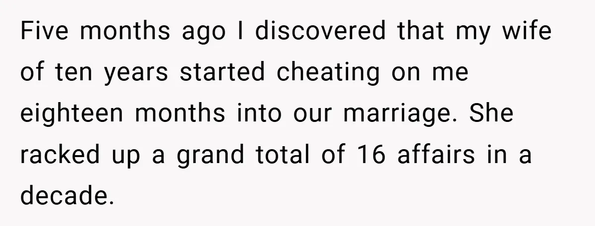 Five months ago I discovered that my wife of ten years started cheating on me eighteen months into our marriage. She racked up a grand total of 16 affairs in...