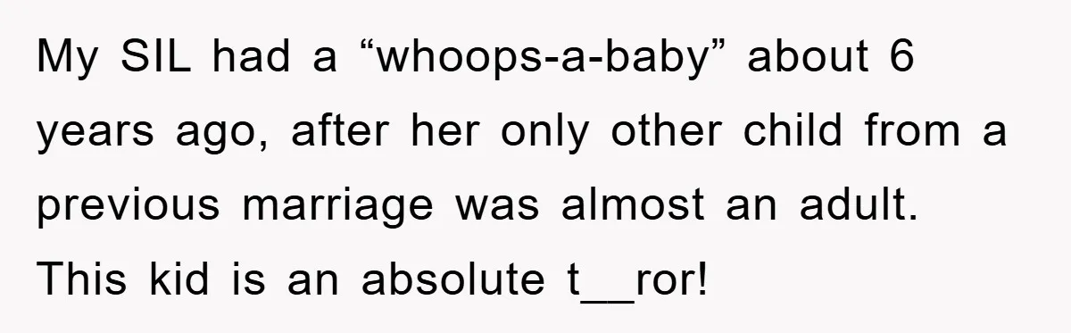 My SIL had a “whoops-a-baby” about 6 years ago, after her only other child from a previous marriage was almost an adult. This kid is an absolute t__ror!