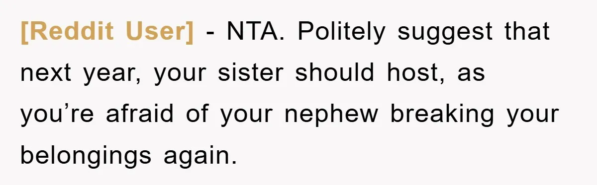 [Reddit User] − NTA. Politely suggest that next year, your sister should host, as you’re afraid of your nephew breaking your belongings again.