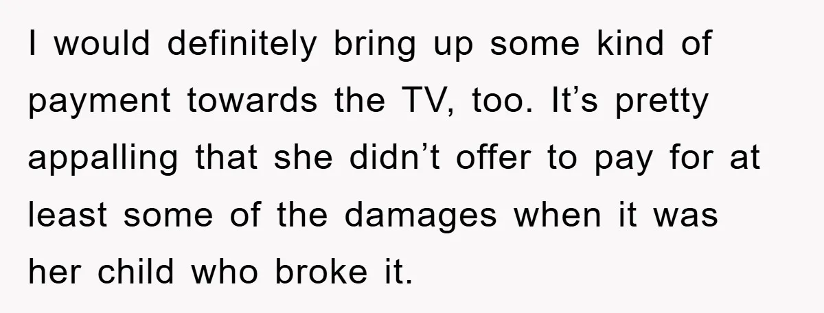 I would definitely bring up some kind of payment towards the TV, too. It’s pretty appalling that she didn’t offer to pay for at least some of the damages when...