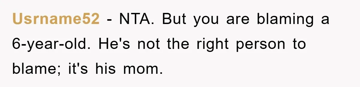 Usrname52 − NTA. But you are blaming a 6-year-old. He's not the right person to blame; it's his mom.