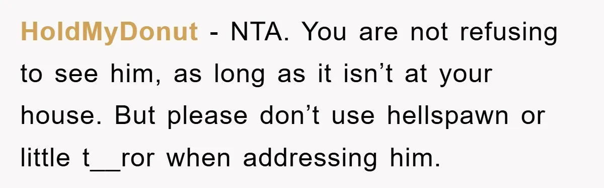 HoldMyDonut − NTA. You are not refusing to see him, as long as it isn’t at your house. But please don’t use hellspawn or little t__ror when addressing him.