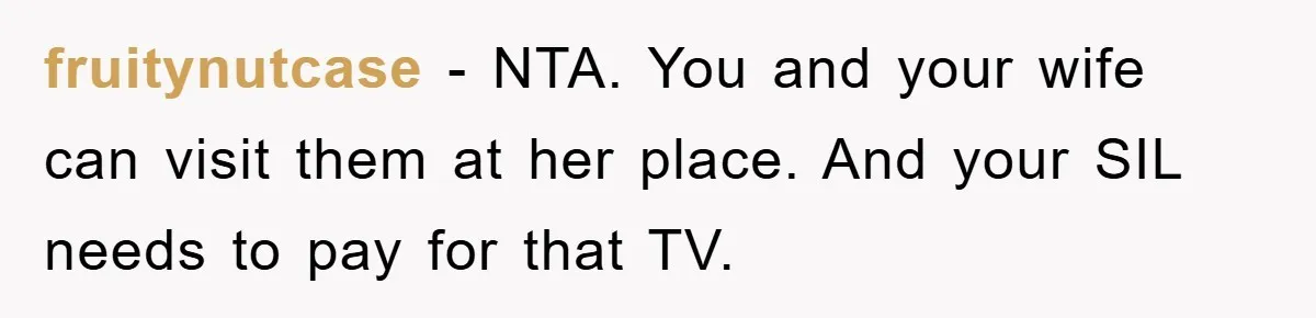 fruitynutcase − NTA. You and your wife can visit them at her place. And your SIL needs to pay for that TV.