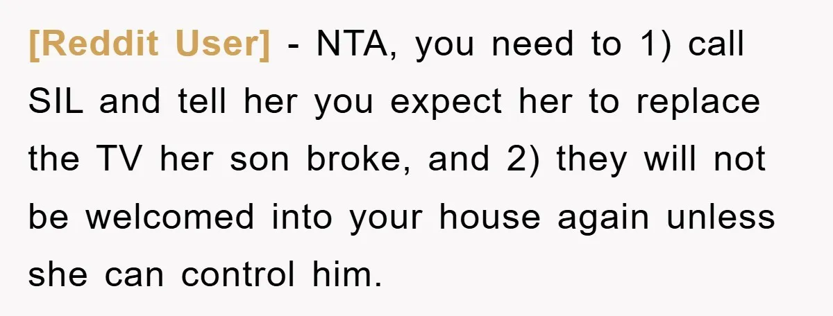 [Reddit User] − NTA, you need to 1) call SIL and tell her you expect her to replace the TV her son broke, and 2) they will not be welcomed...