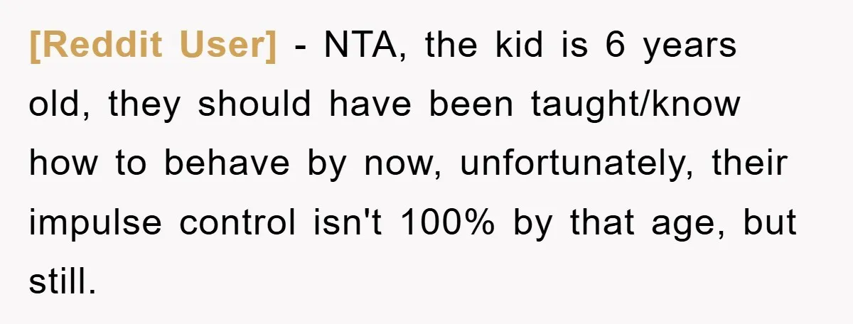 [Reddit User] − NTA, the kid is 6 years old, they should have been taught/know how to behave by now, unfortunately, their impulse control isn't 100% by that age, but...