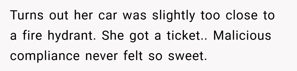 Turns out her car was slightly too close to a fire hydrant. She got a ticket.. Malicious compliance never felt so sweet.