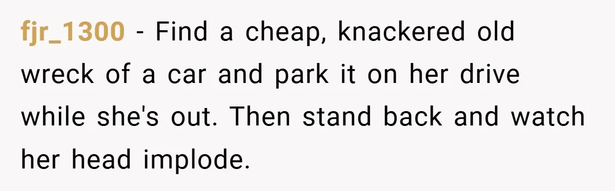 fjr_1300 − Find a cheap, knackered old wreck of a car and park it on her drive while she's out. Then stand back and watch her head implode.