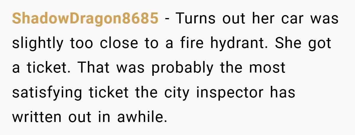 ShadowDragon8685 − Turns out her car was slightly too close to a fire hydrant. She got a ticket. That was probably the most satisfying ticket the city inspector has written...