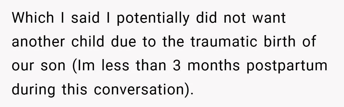 Wife Tells Husband to Leave After Explosive Fight - Then Realizes Their Newborn Might Not Be Safe With Him Around Which I said I potentially did not want another child due to the traumatic birth of our son (Im less than 3 months postpartum during this conversation).