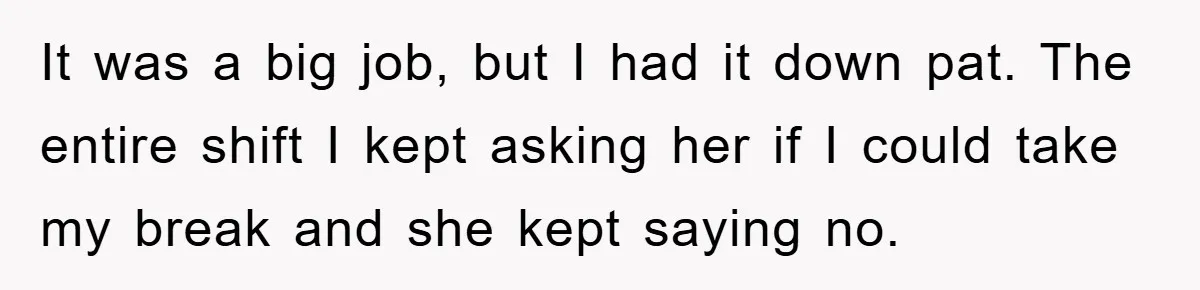 It was a big job, but I had it down pat. The entire shift I kept asking her if I could take my break and she kept saying no.